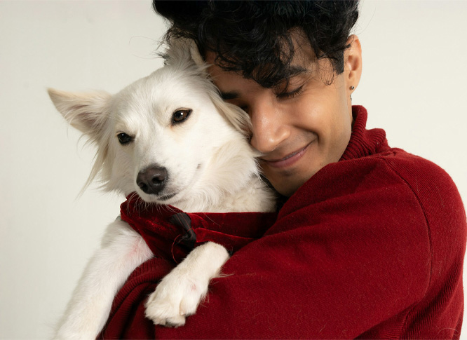A white dog being hugged by its owner